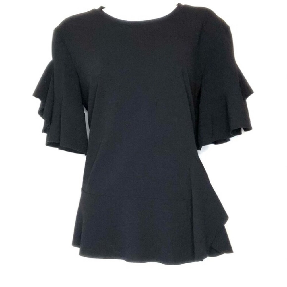 Worthington Scoop Neck Ruffled Short Sleeve Black Blouse